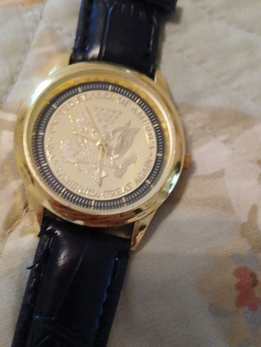Gold-Tone Coin Face Watch with Black Leather Strap